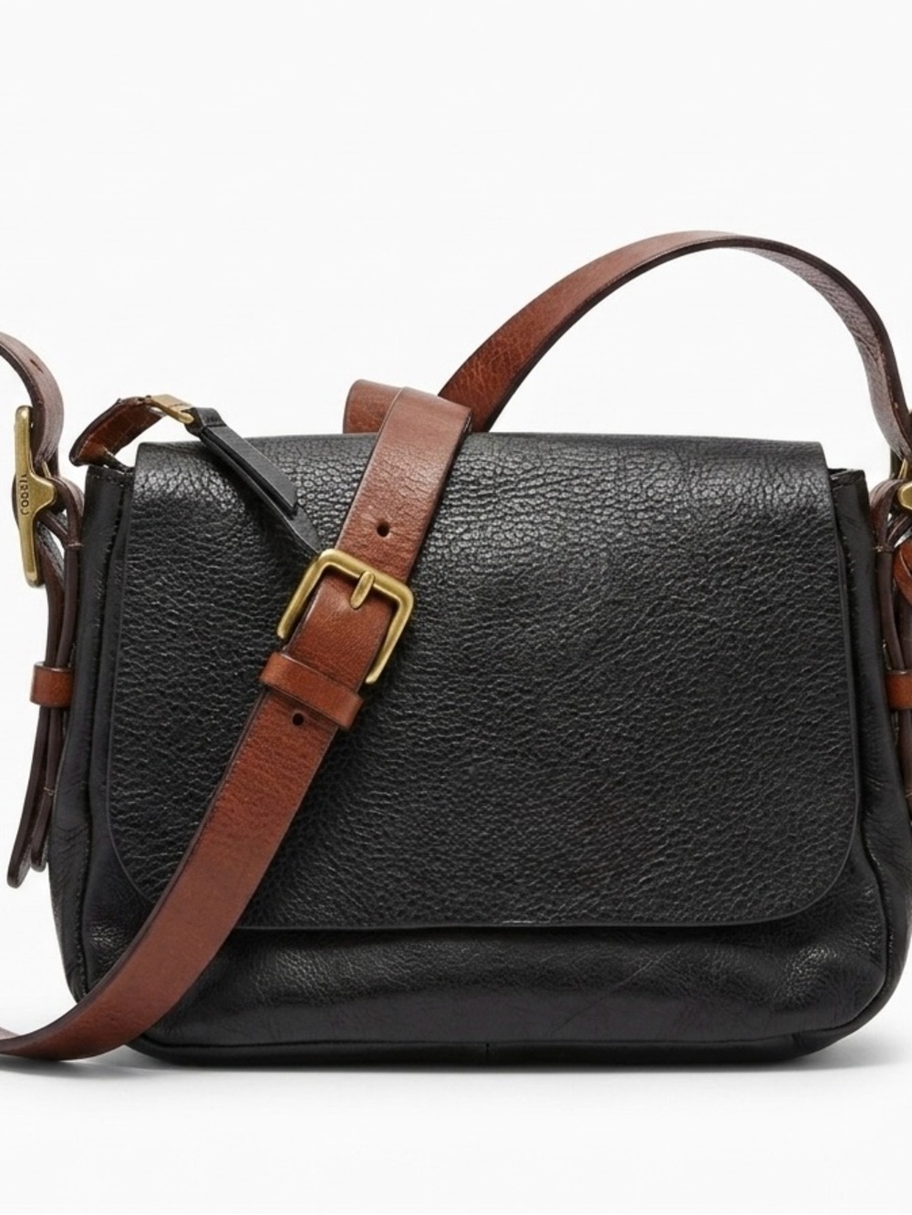 Fossil Black Leather Crossbody Bag with Brown Strap